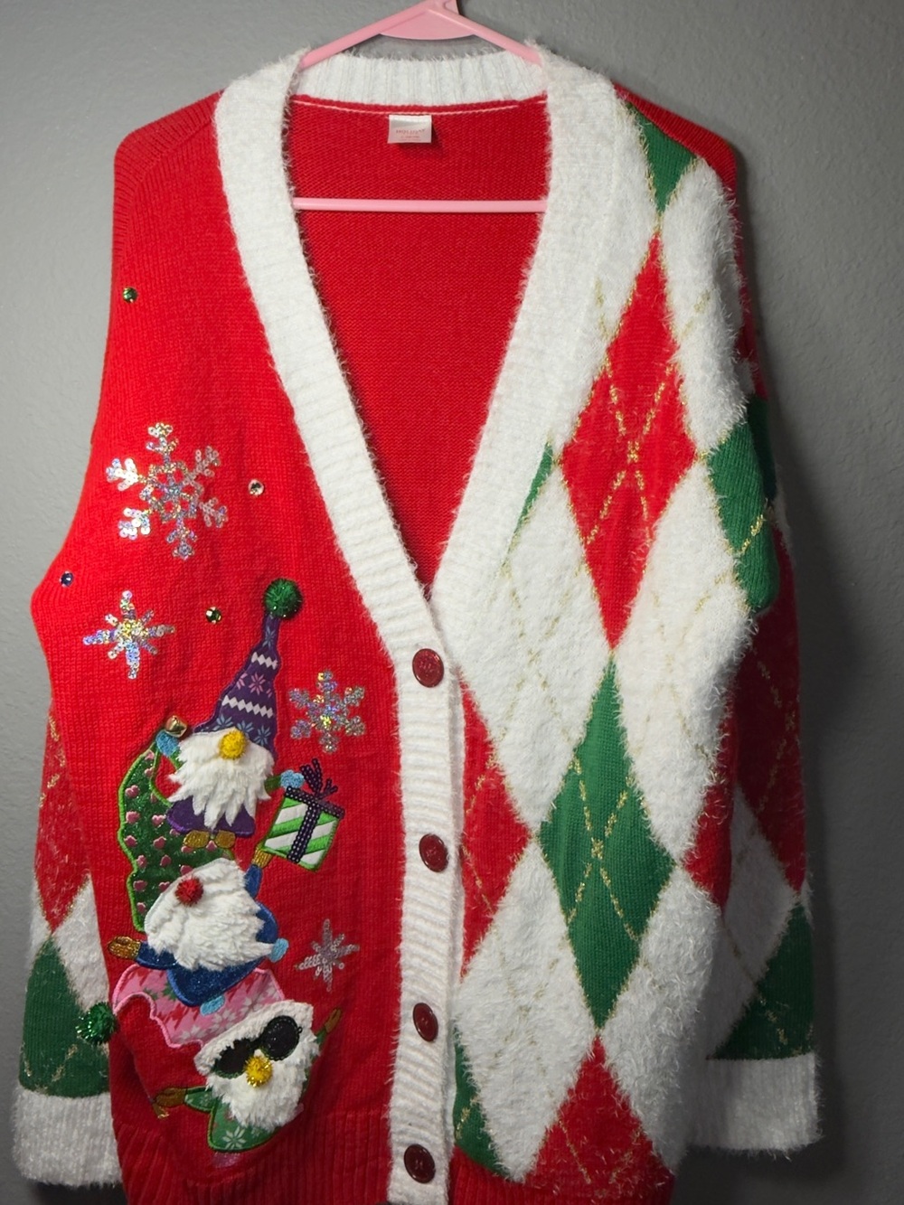 Holiday Time Red, Green & White Gnome Argyle Holiday Cardigan Sweater